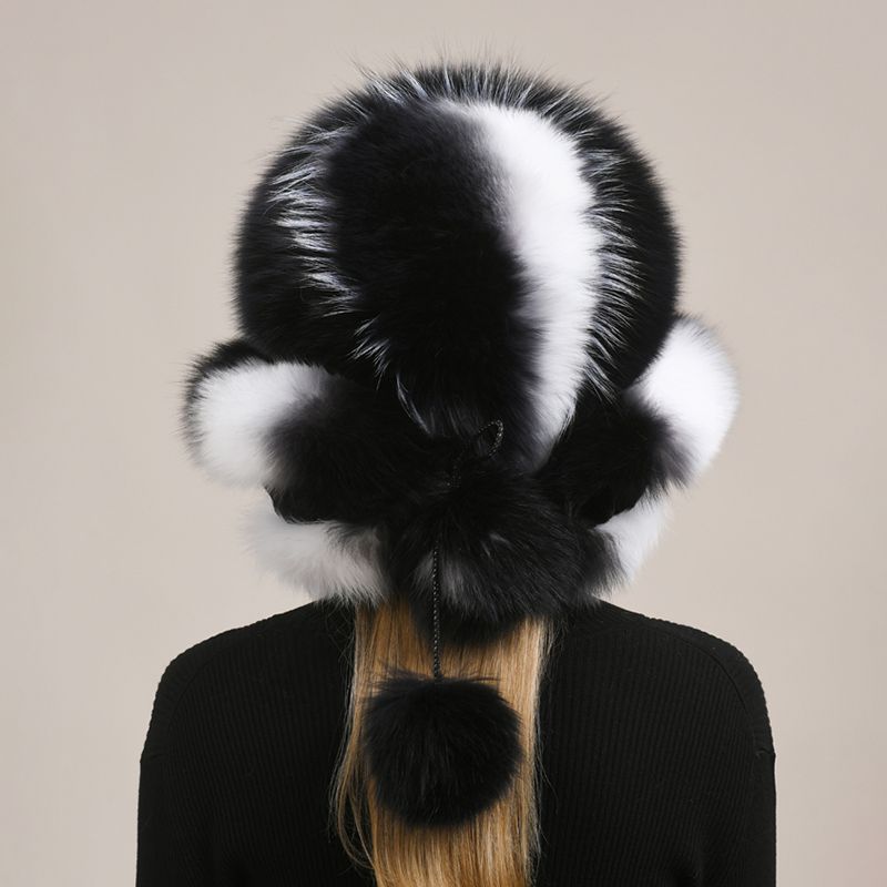 Luxury Oversized Two-Tone Real Fox Fur Pom Pom Hat Women Winter Warm Ushanka