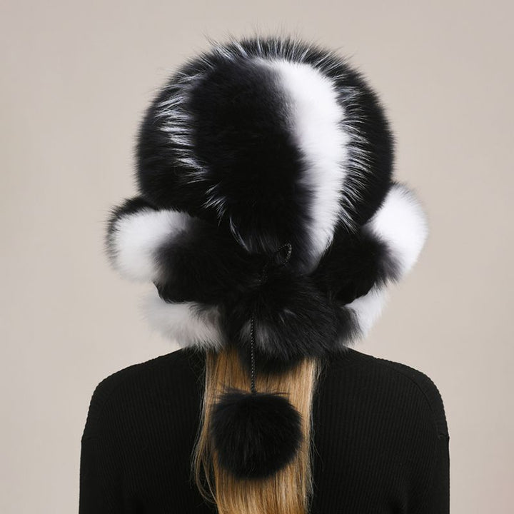 Luxury Oversized Two-Tone Real Fox Fur Pom Pom Hat Women Winter Warm Ushanka