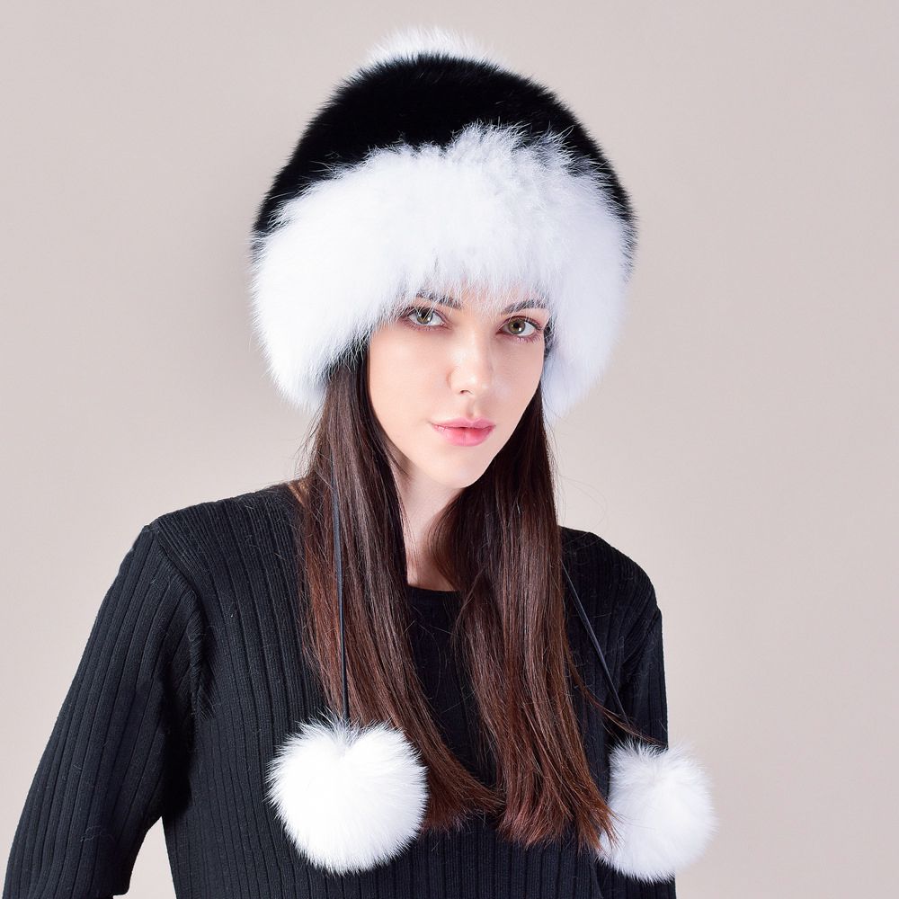 Two-Tone Real Fox Fur Hat for Winter Women's Russian Ushanka Fur Trapper Hat with Pom-Poms