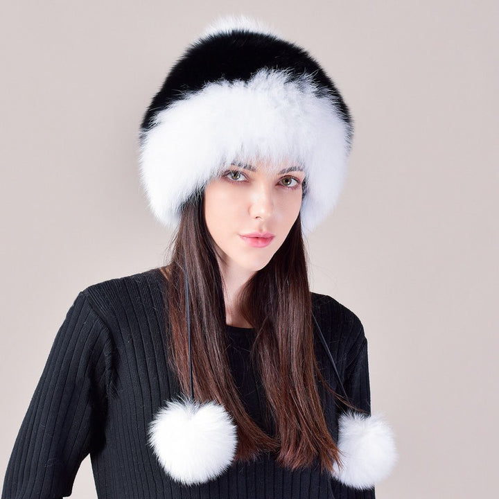 Two-Tone Real Fox Fur Hat for Winter Women's Russian Ushanka Fur Trapper Hat with Pom-Poms