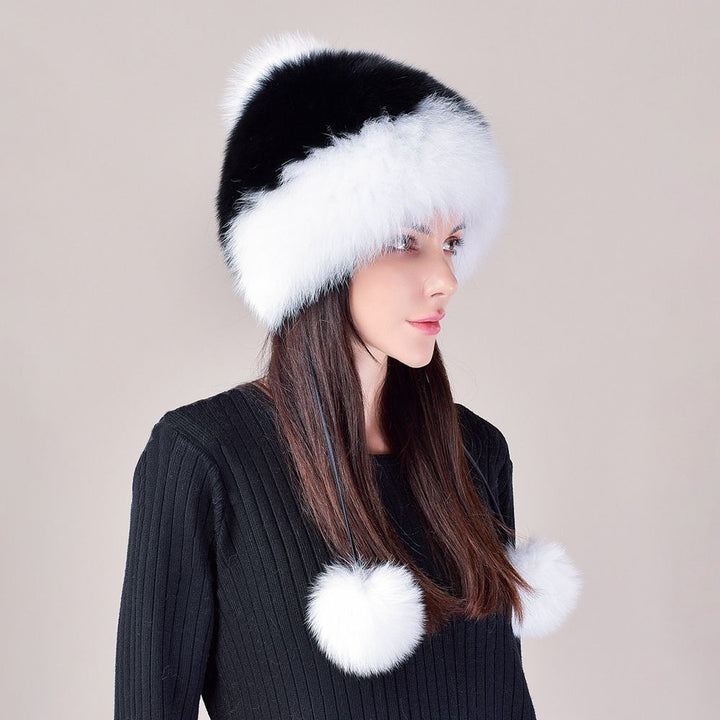 Two-Tone Real Fox Fur Hat for Winter Women's Russian Ushanka Fur Trapper Hat with Pom-Poms