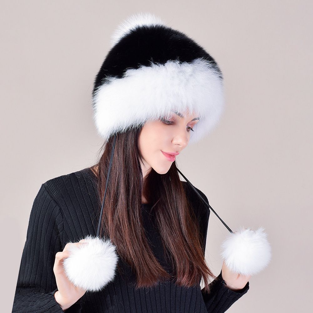 Two-Tone Real Fox Fur Hat for Winter Women's Russian Ushanka Fur Trapper Hat with Pom-Poms