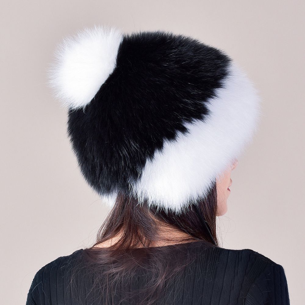 Two-Tone Real Fox Fur Hat for Winter Women's Russian Ushanka Fur Trapper Hat with Pom-Poms