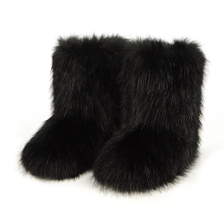 Faux Fox Fur Snow Boots for Women Winter Furry Cozy Slip-On Ankle Fur Boots