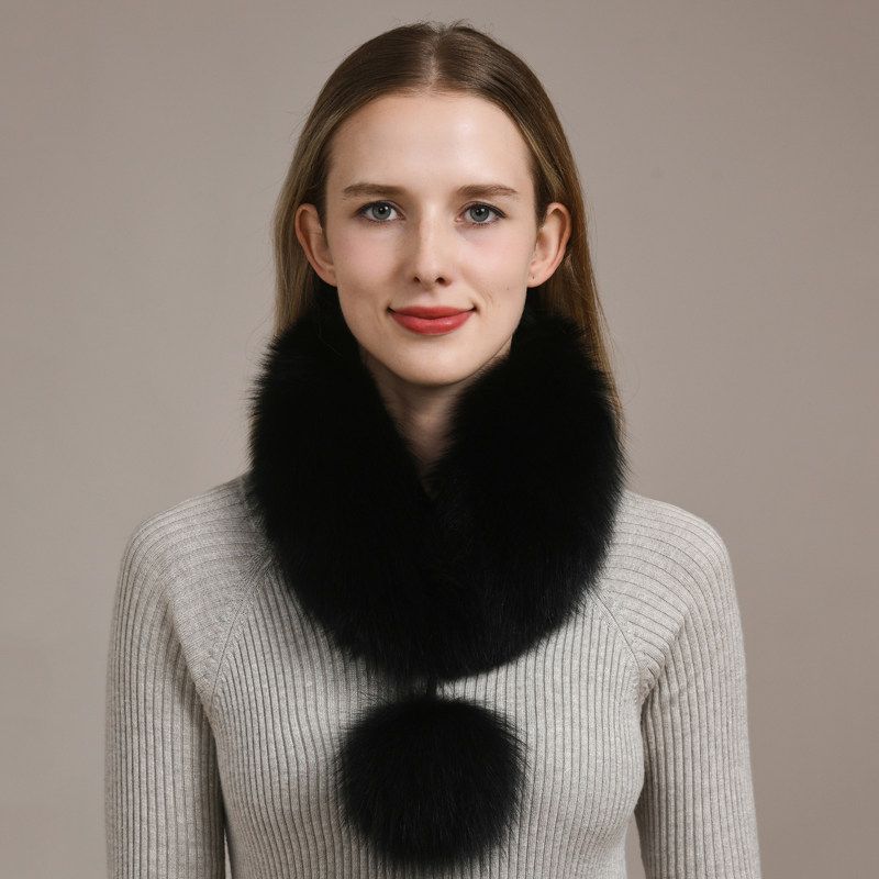 Women’s Real Fox Fur Scarf with Pom-Pom Genuine Fur Collar Neck Warmer