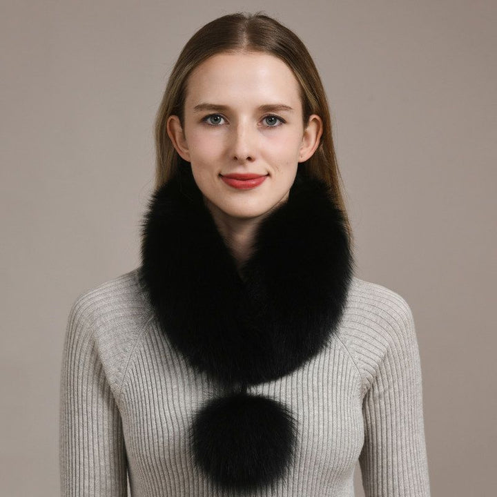Women’s Real Fox Fur Scarf with Pom-Pom Genuine Fur Collar Neck Warmer