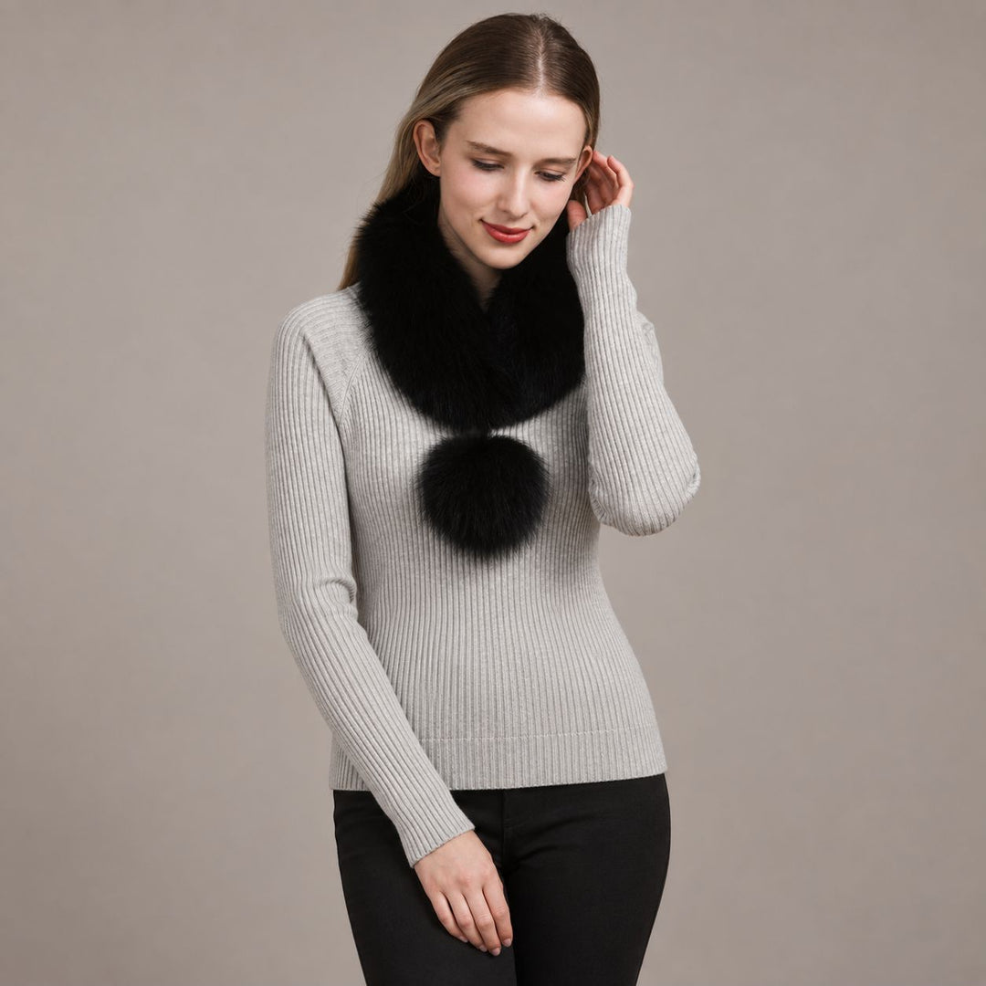 Women’s Real Fox Fur Scarf with Pom-Pom Genuine Fur Collar Neck Warmer
