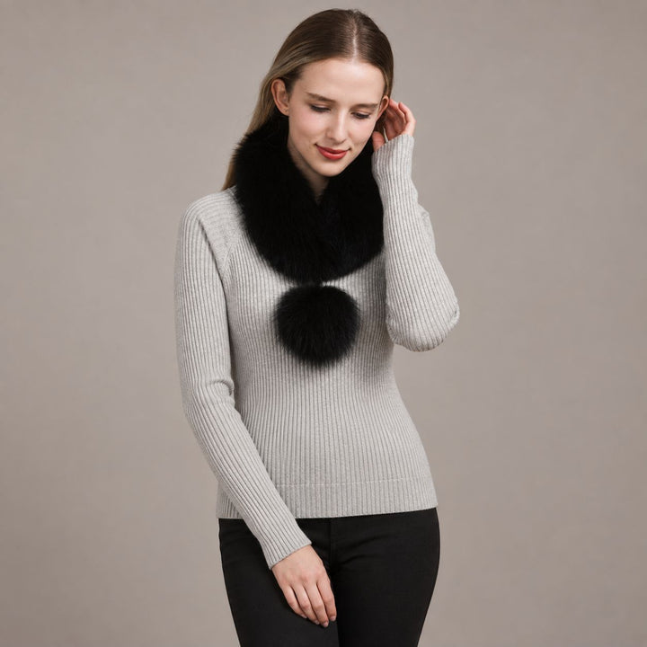 Women’s Real Fox Fur Scarf with Pom-Pom Genuine Fur Collar Neck Warmer