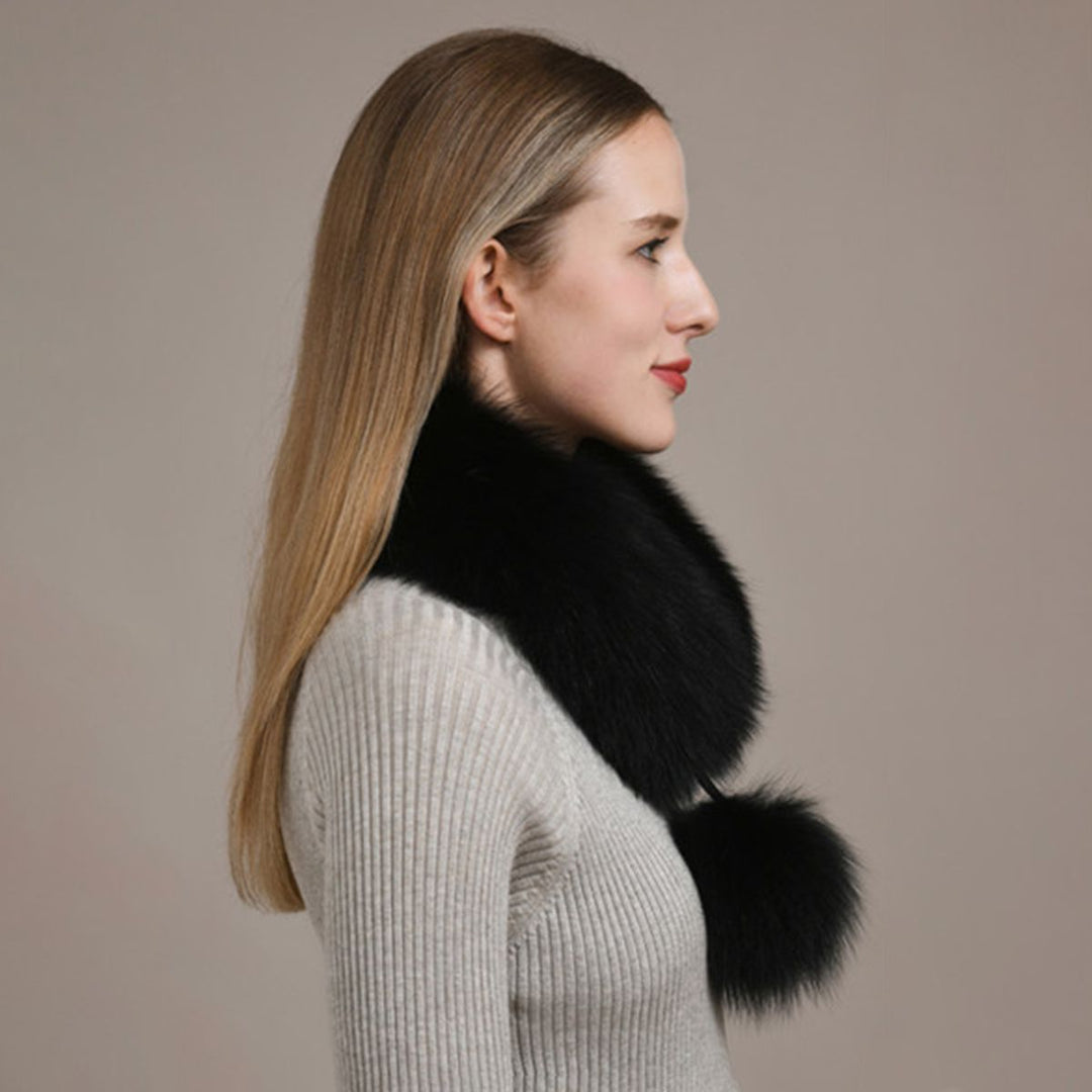 Women’s Real Fox Fur Scarf with Pom-Pom Genuine Fur Collar Neck Warmer