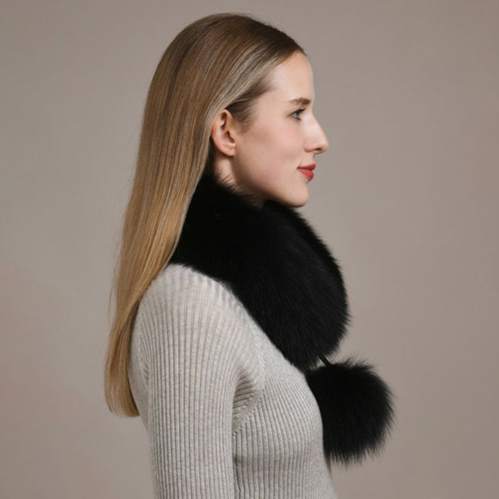 Women’s Real Fox Fur Scarf with Pom-Pom Genuine Fur Collar Neck Warmer
