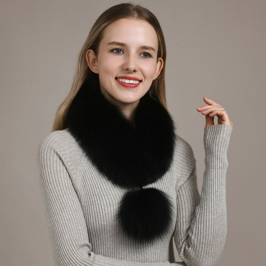 Women’s Real Fox Fur Scarf with Pom-Pom Genuine Fur Collar Neck Warmer