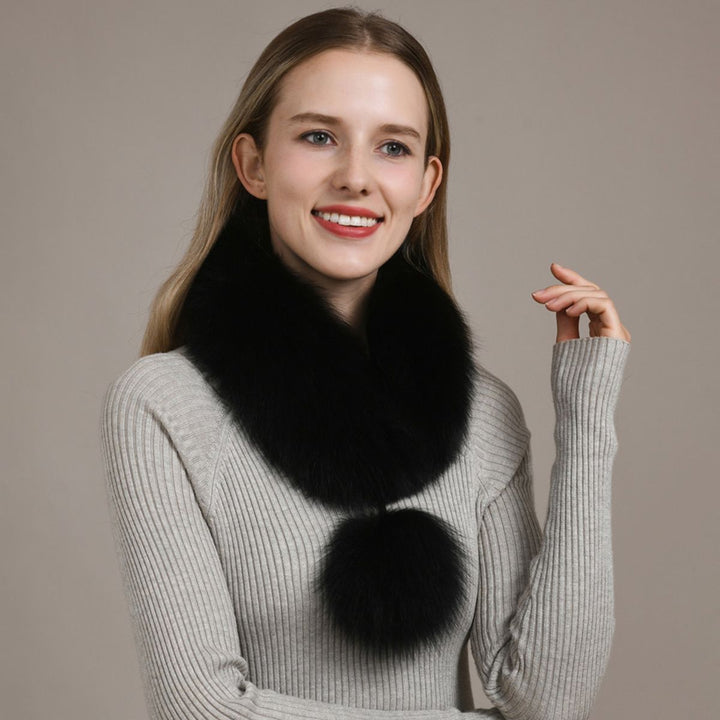 Women’s Real Fox Fur Scarf with Pom-Pom Genuine Fur Collar Neck Warmer