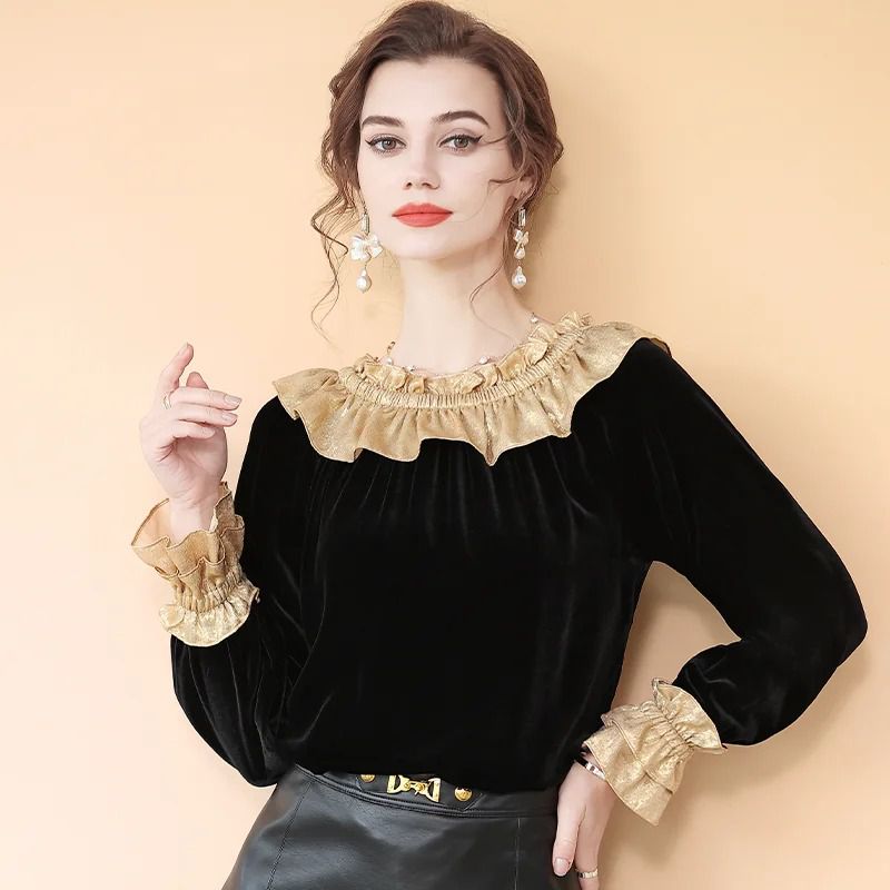 Women’s Black and Gold Metallic Ruffle Neck Long Sleeve Silk Velvet Blouse