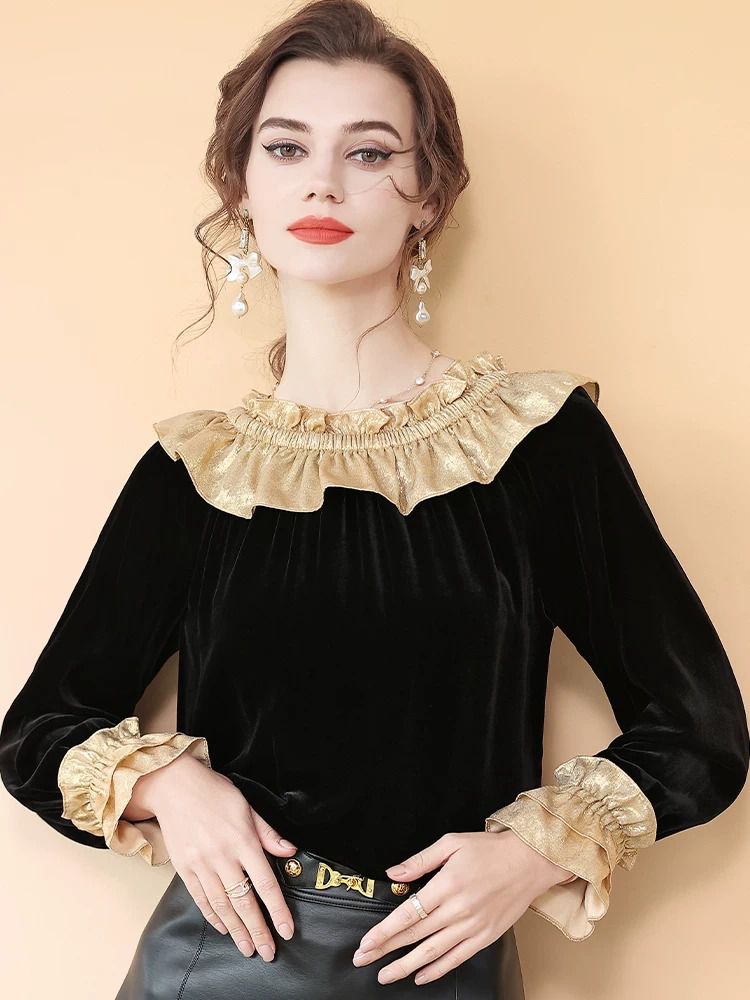 Women’s Black and Gold Metallic Ruffle Neck Long Sleeve Silk Velvet Blouse