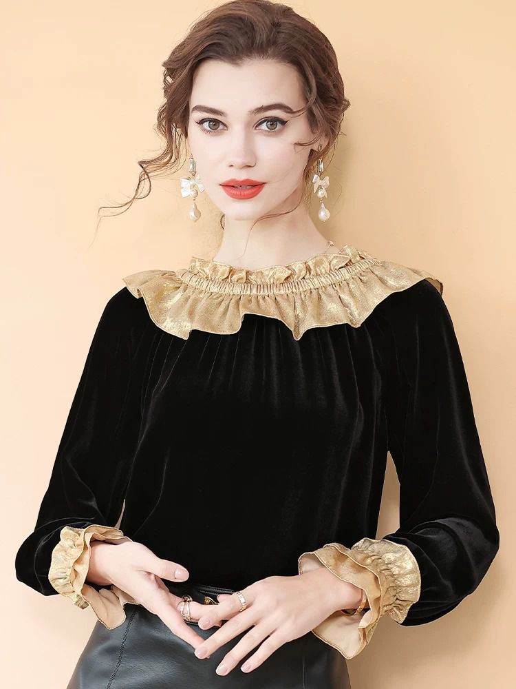 Women’s Black and Gold Metallic Ruffle Neck Long Sleeve Silk Velvet Blouse