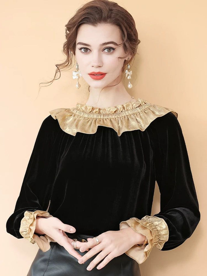 Women’s Black and Gold Metallic Ruffle Neck Long Sleeve Silk Velvet Blouse