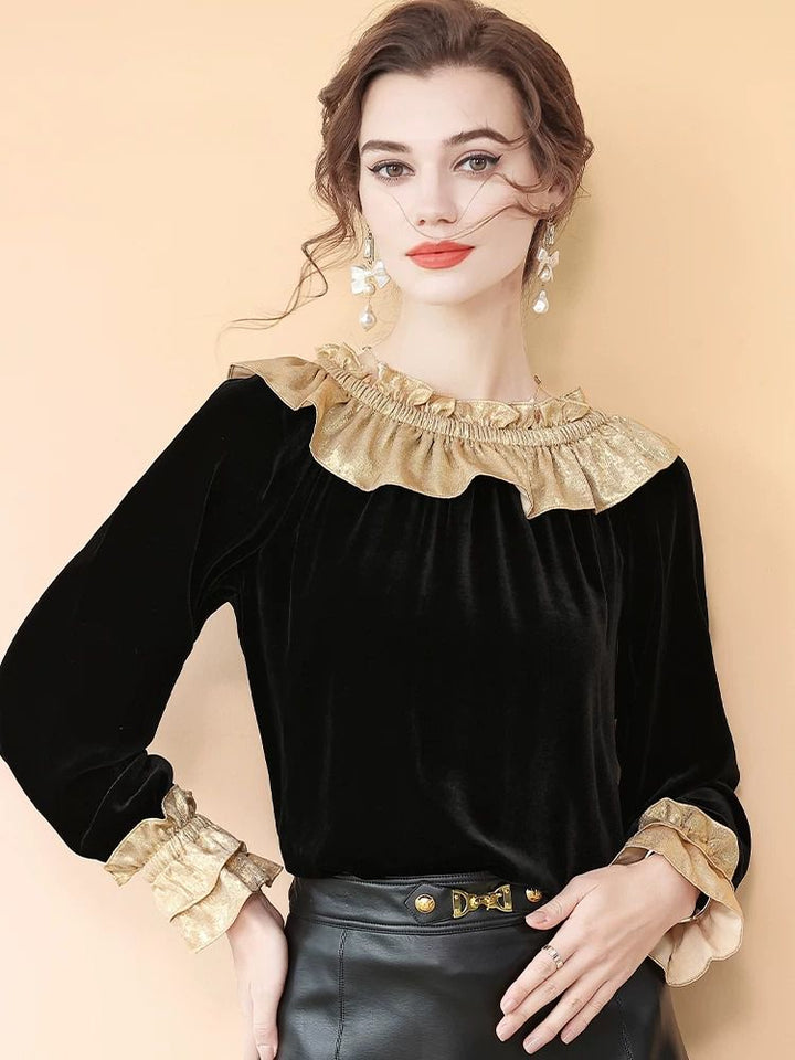 Women’s Black and Gold Metallic Ruffle Neck Long Sleeve Silk Velvet Blouse