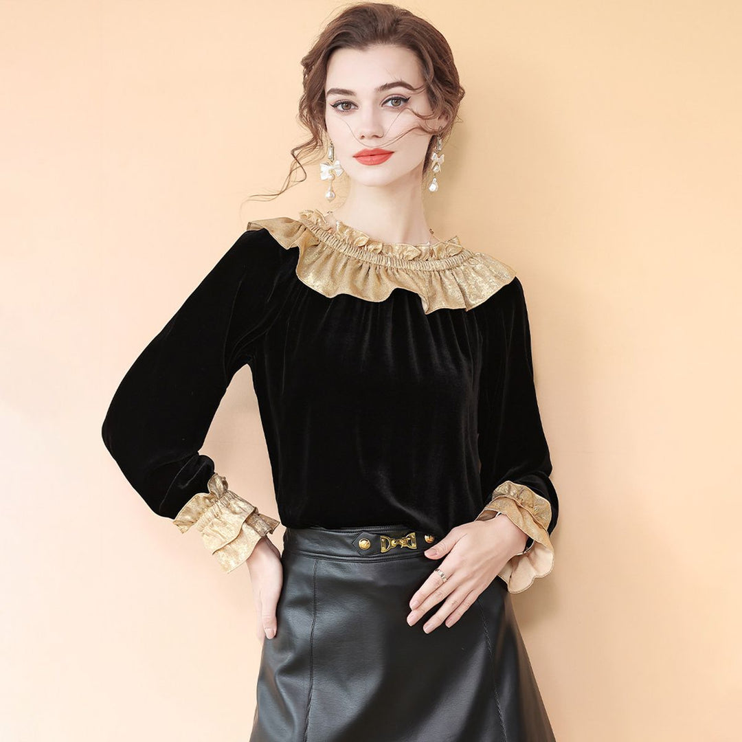 Women’s Black and Gold Metallic Ruffle Neck Long Sleeve Silk Velvet Blouse