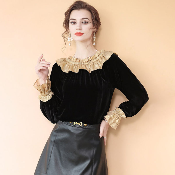 Women’s Black and Gold Metallic Ruffle Neck Long Sleeve Silk Velvet Blouse