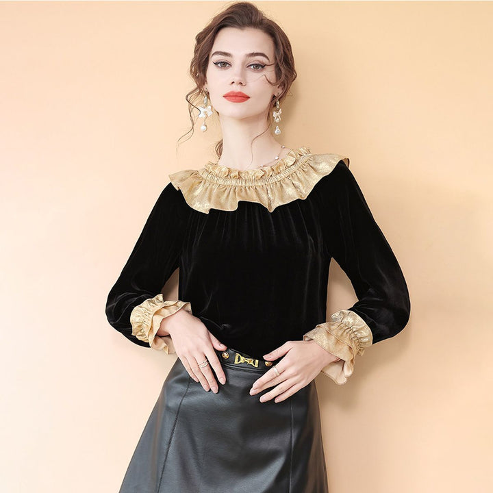 Women’s Black and Gold Metallic Ruffle Neck Long Sleeve Silk Velvet Blouse