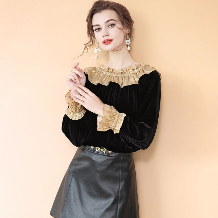 Women’s Black and Gold Metallic Ruffle Neck Long Sleeve Silk Velvet Blouse