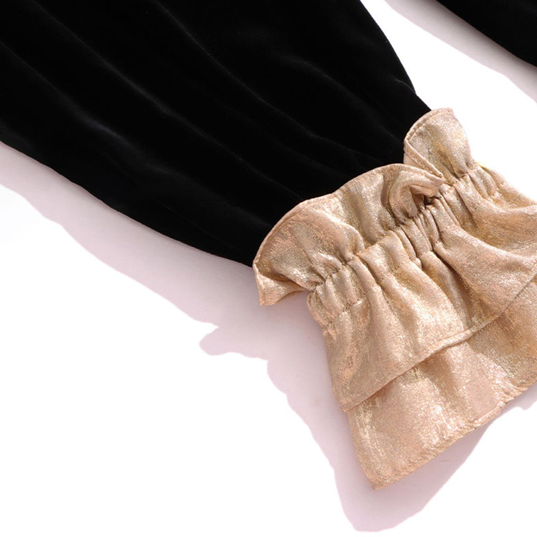 Women’s Black and Gold Metallic Ruffle Neck Long Sleeve Silk Velvet Blouse