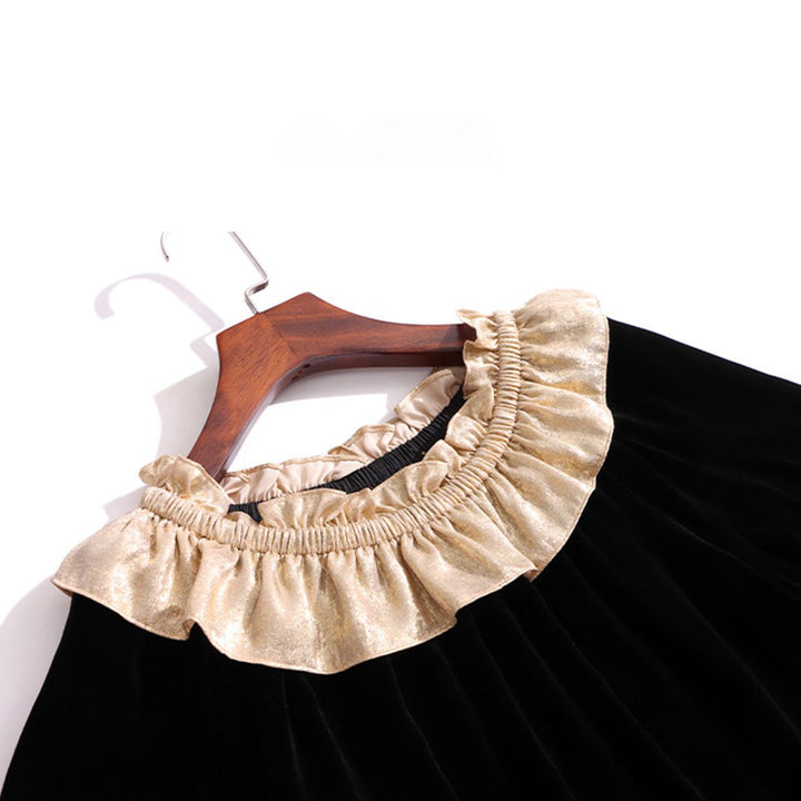 Women’s Black and Gold Metallic Ruffle Neck Long Sleeve Silk Velvet Blouse