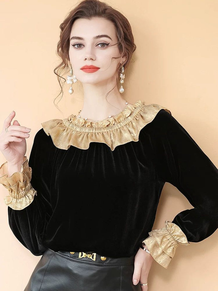 Women’s Black and Gold Metallic Ruffle Neck Long Sleeve Silk Velvet Blouse