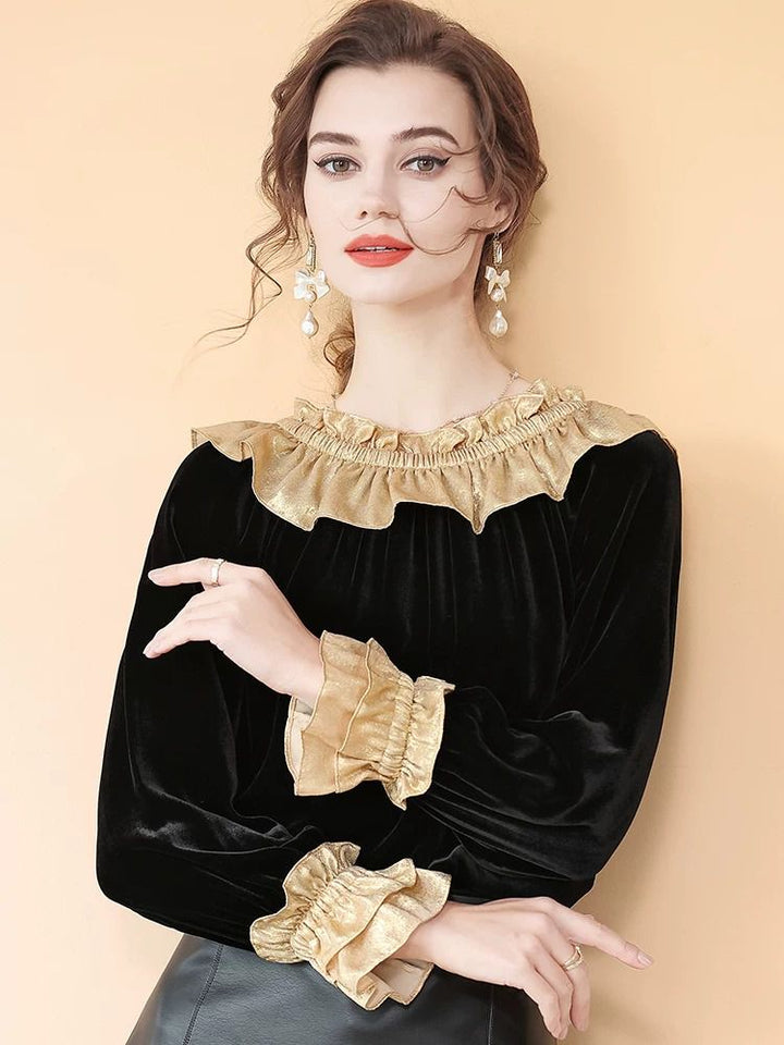 Women’s Black and Gold Metallic Ruffle Neck Long Sleeve Silk Velvet Blouse