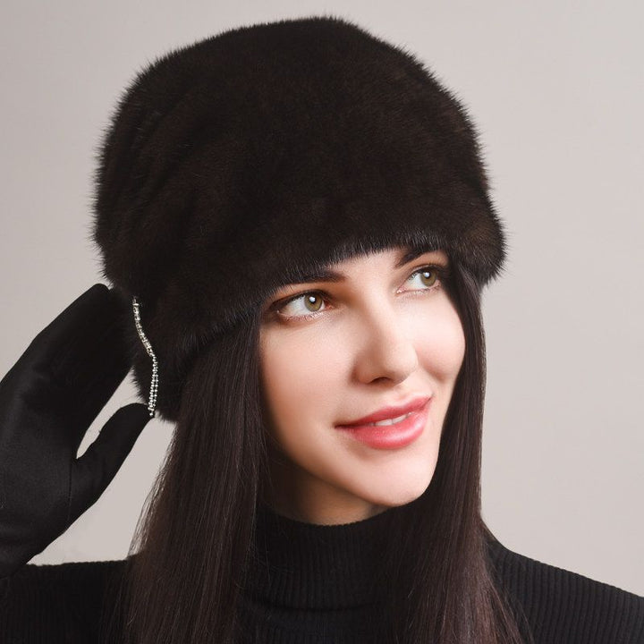 Tiger Printed Luxury Real Mink Fur Hat for Women Winter Slouchy Fur Beanie Beret Hat with Pom-Pom