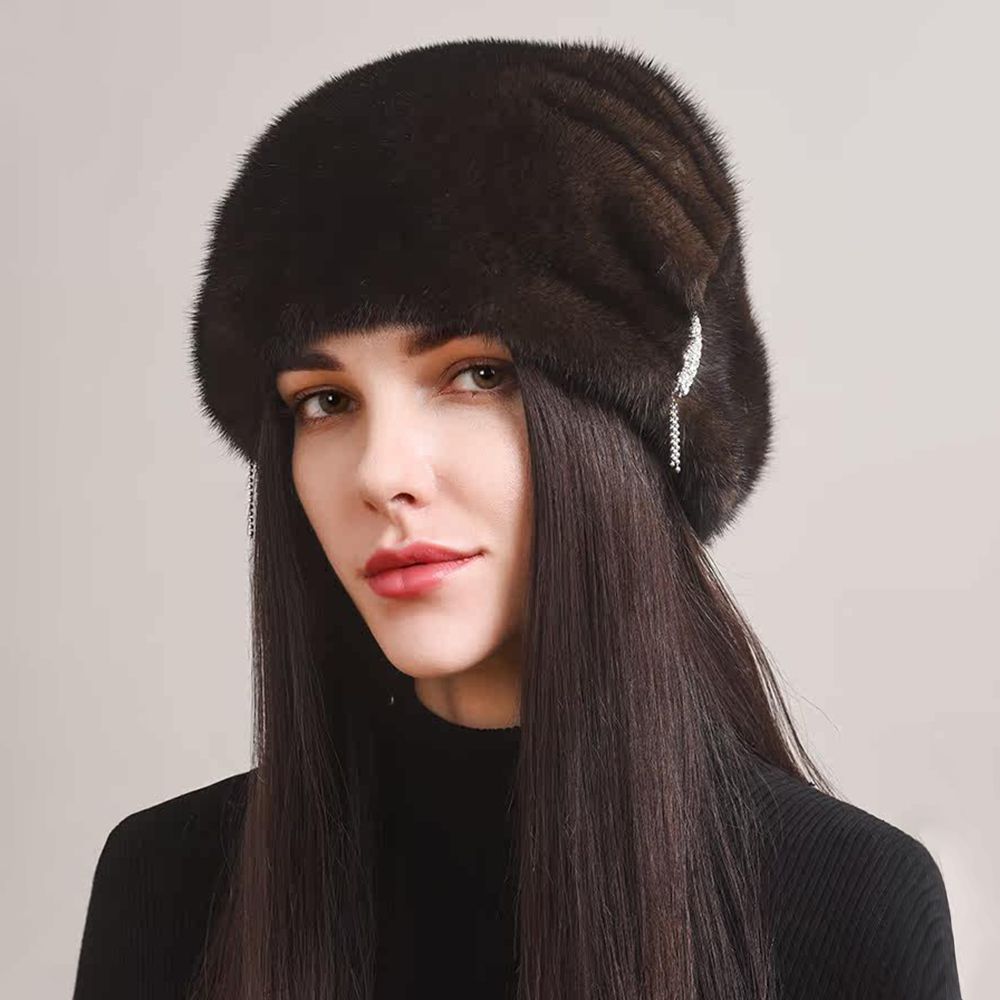 Tiger Printed Luxury Real Mink Fur Hat for Women Winter Slouchy Fur Beanie Beret Hat with Pom-Pom