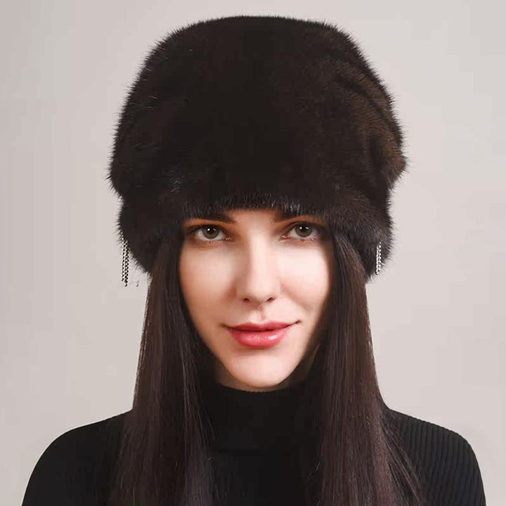 Tiger Printed Luxury Real Mink Fur Hat for Women Winter Slouchy Fur Beanie Beret Hat with Pom-Pom