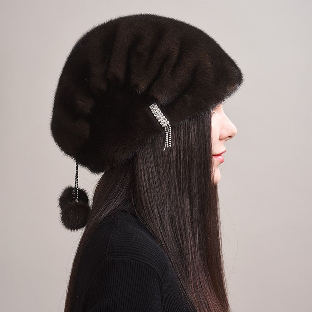 Tiger Printed Luxury Real Mink Fur Hat for Women Winter Slouchy Fur Beanie Beret Hat with Pom-Pom
