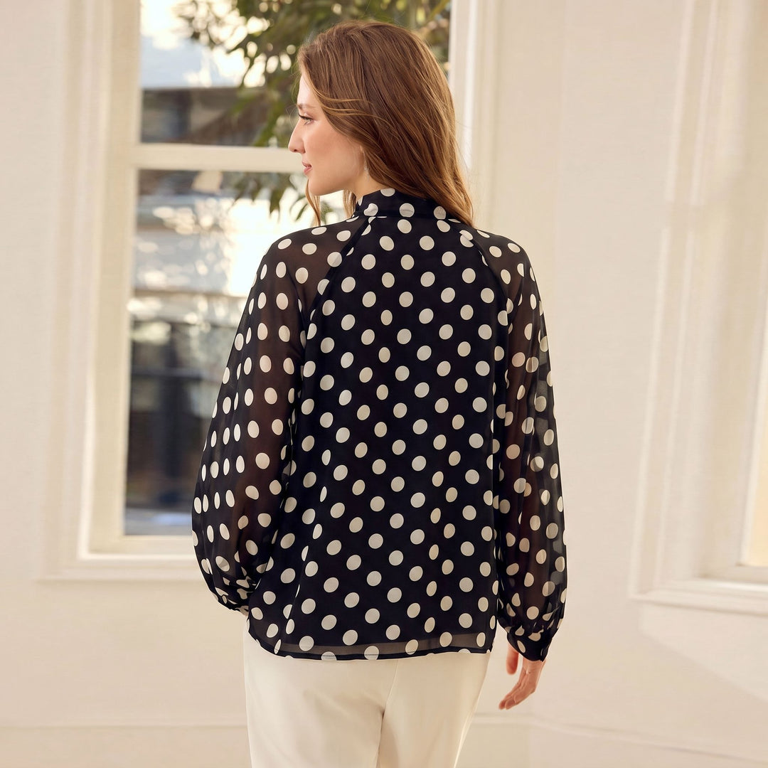 100% Silk Crepe Tie-Neck Blouse Polka Dot Long Sleeve Silk Shirt