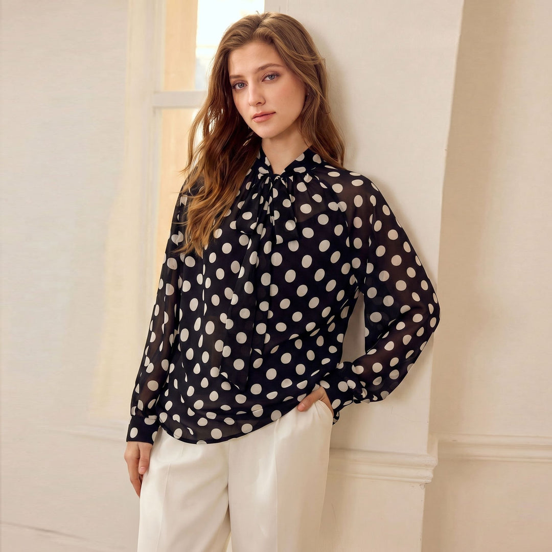 100% Silk Crepe Tie-Neck Blouse Polka Dot Long Sleeve Silk Shirt