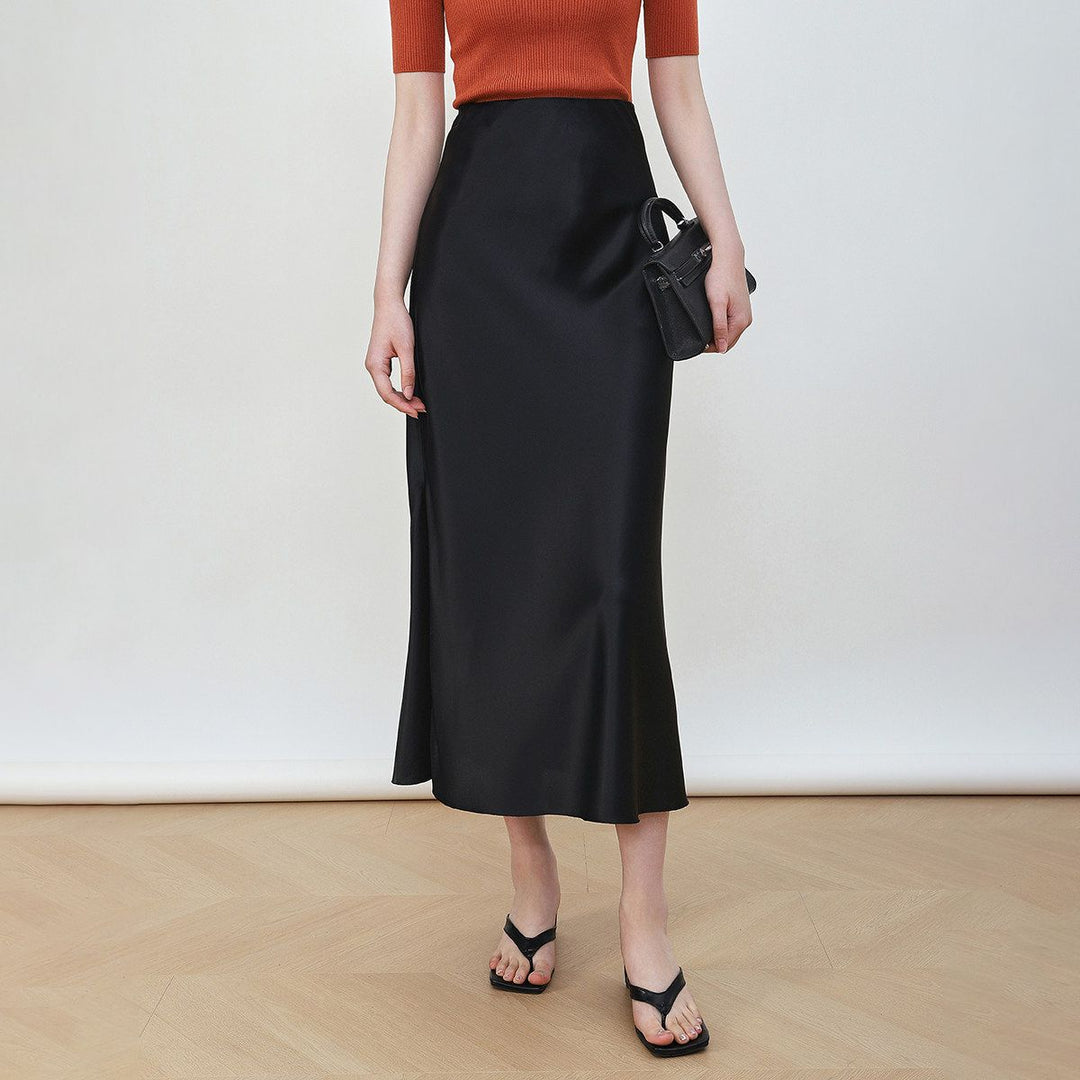 22 Momme Mulberry Charmeuse Silk Midi Skirt with Side Slit