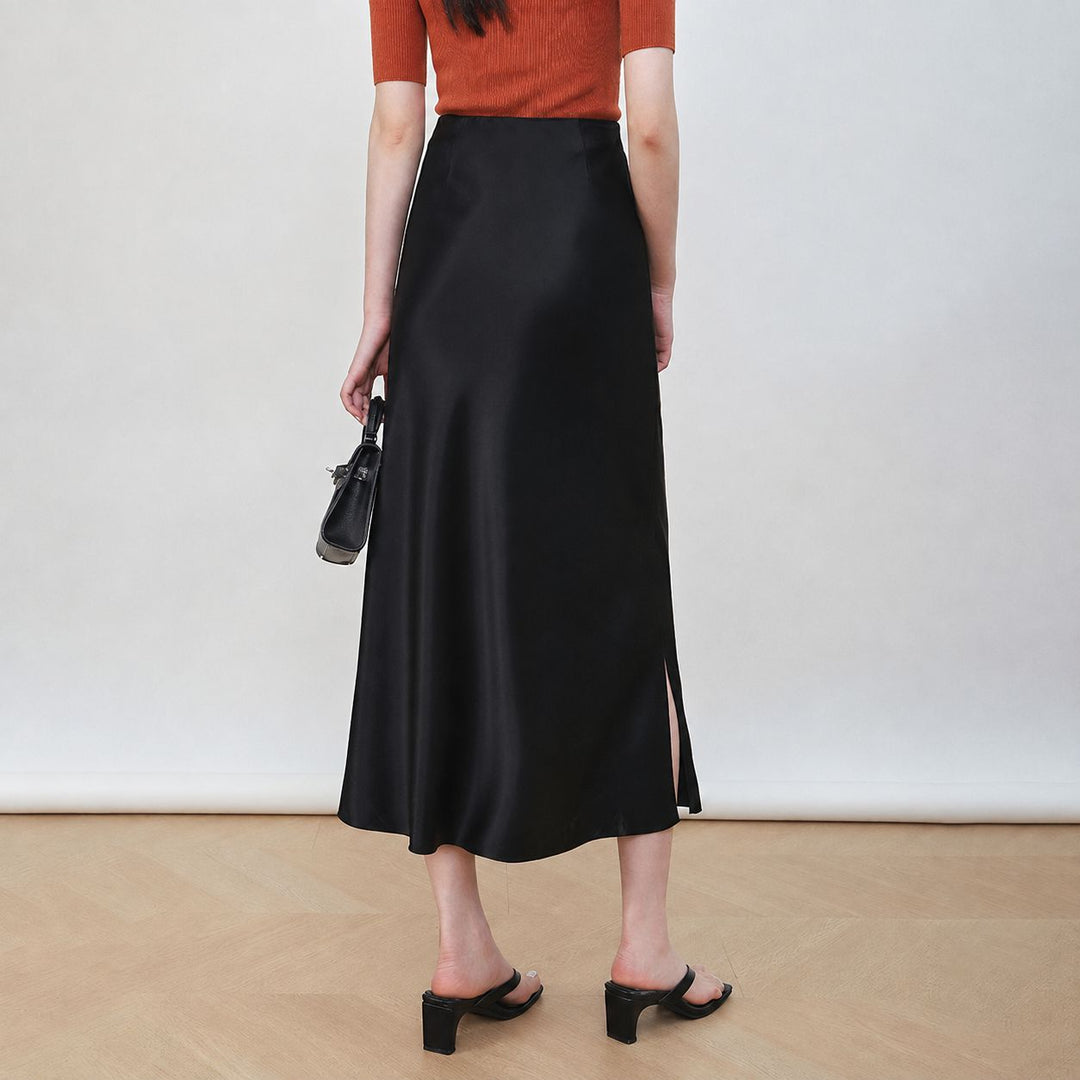 22 Momme Mulberry Charmeuse Silk Midi Skirt with Side Slit