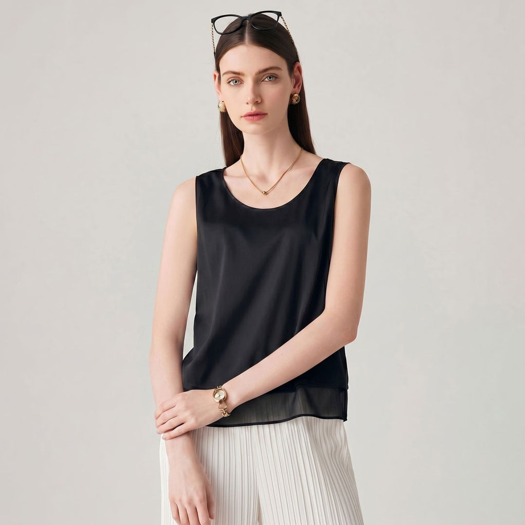 Pure Mulberry Silk Tank Top with Sheer Patchwork Hem Elegant Sleeveless Silk Shell Blouse