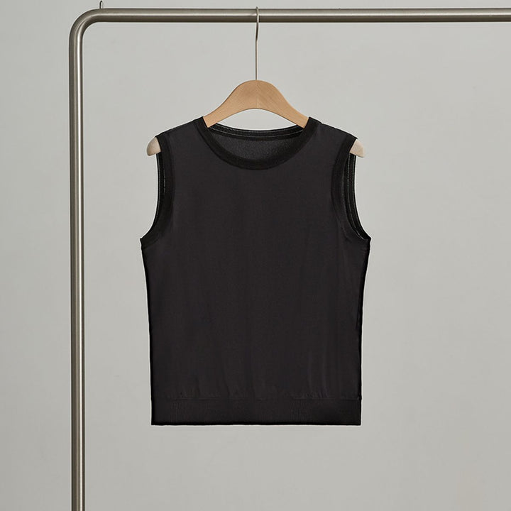 Women's Ribbed Trim Sleeveless Crew Neck Mulberry Silk Tank Top