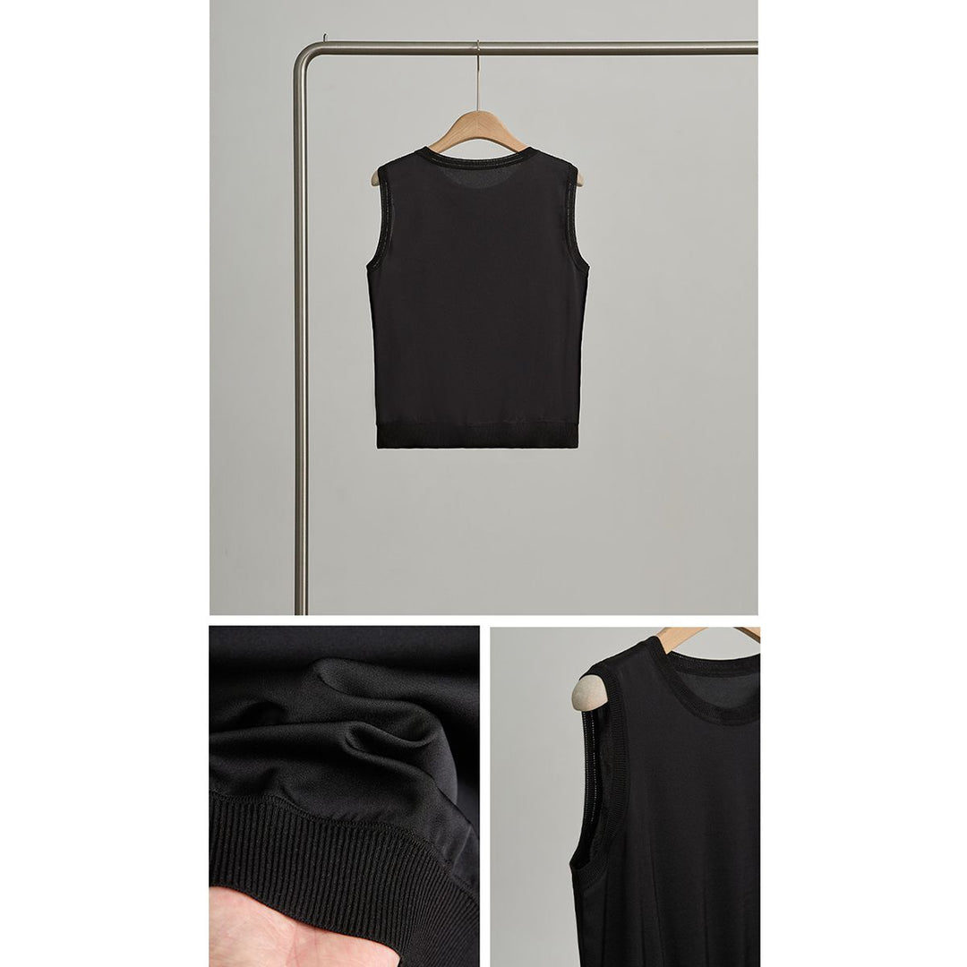 Women's Ribbed Trim Sleeveless Crew Neck Mulberry Silk Tank Top