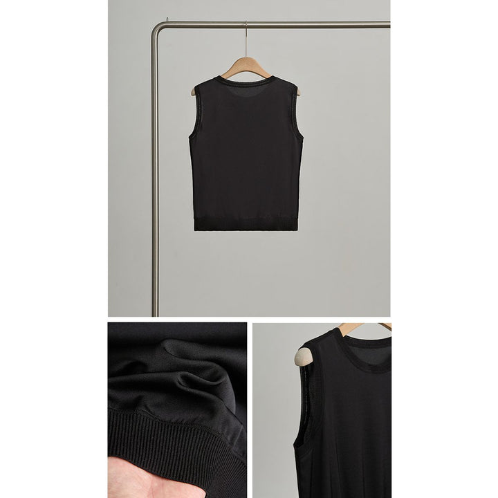 Women's Ribbed Trim Sleeveless Crew Neck Mulberry Silk Tank Top