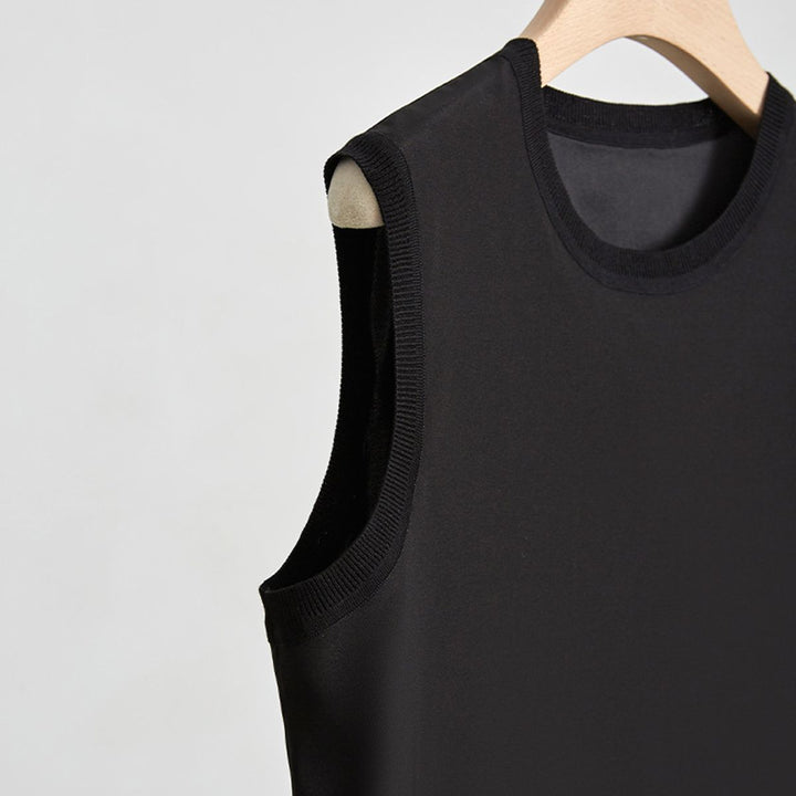 Women's Ribbed Trim Sleeveless Crew Neck Mulberry Silk Tank Top