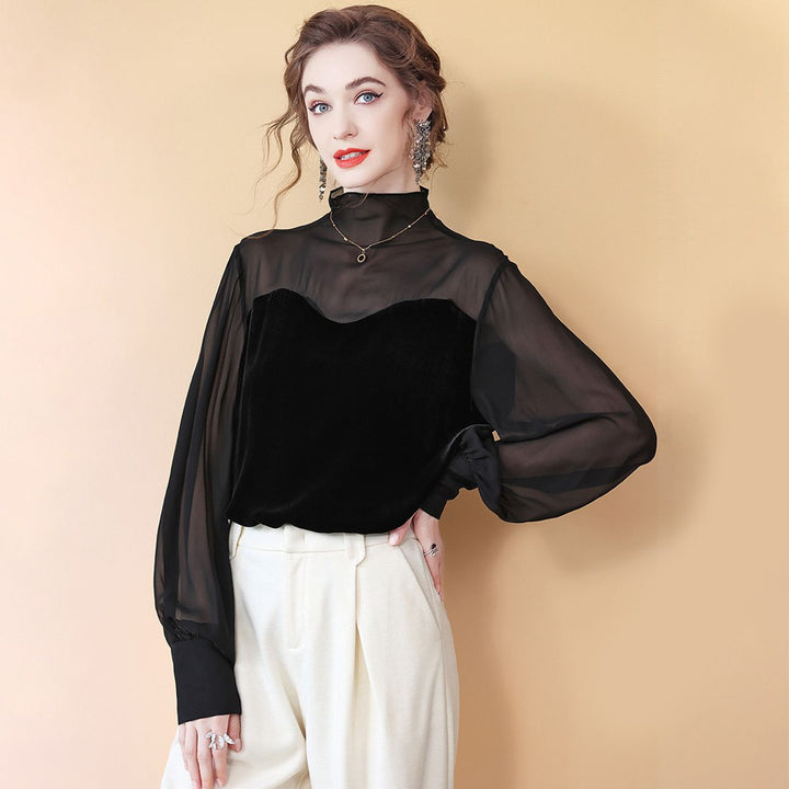 Women's Elegant Black Mock Neck Long Sleeve Silk Chiffon and Velvet Blouse Shirt