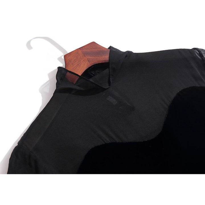 Women's Elegant Black Mock Neck Long Sleeve Silk Chiffon and Velvet Blouse Shirt