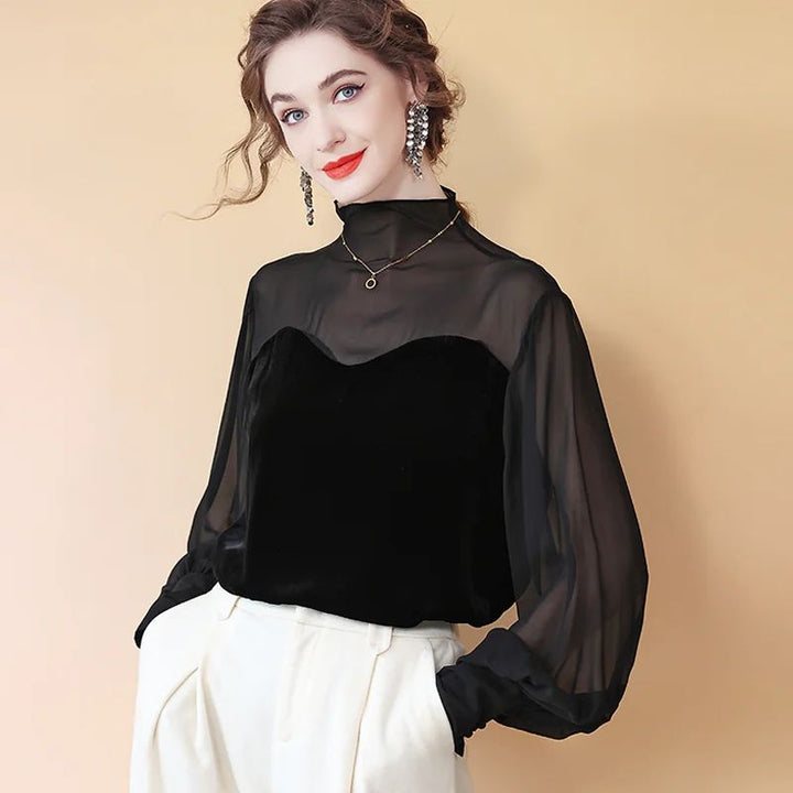 Women's Elegant Black Mock Neck Long Sleeve Silk Chiffon and Velvet Blouse Shirt