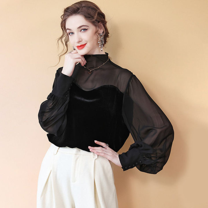 Women's Elegant Black Mock Neck Long Sleeve Silk Chiffon and Velvet Blouse Shirt