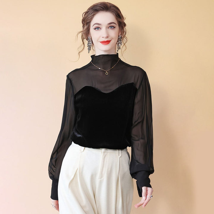 Women's Elegant Black Mock Neck Long Sleeve Silk Chiffon and Velvet Blouse Shirt