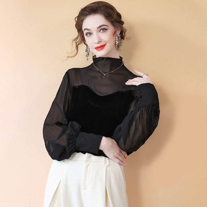 Women's Elegant Black Mock Neck Long Sleeve Silk Chiffon and Velvet Blouse Shirt