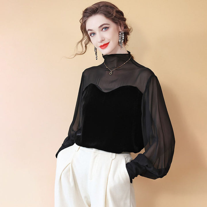 Women's Elegant Black Mock Neck Long Sleeve Silk Chiffon and Velvet Blouse Shirt
