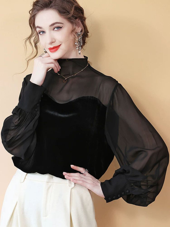 Women's Elegant Black Mock Neck Long Sleeve Silk Chiffon and Velvet Blouse Shirt